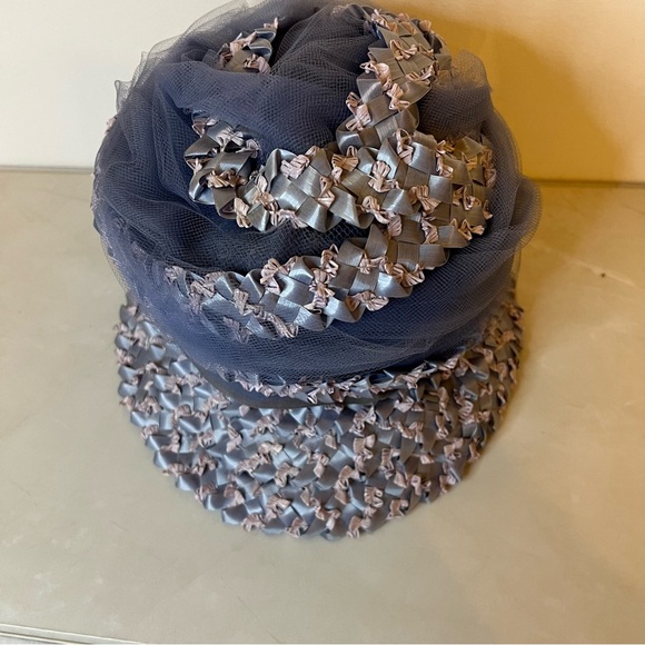 Union Made Vintage Women’s Blue Bucket Hat Rafia and Ribbon Mesh Netting - Picture 13 of 14